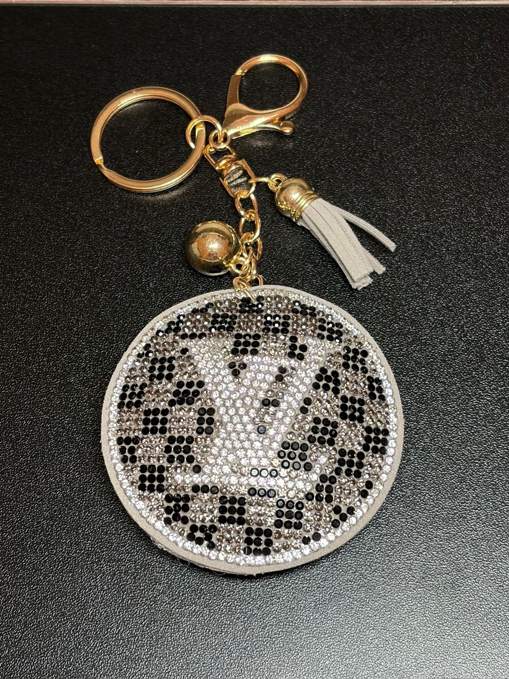 Crystal Checkered Print Round Keychain Charm with Tassel